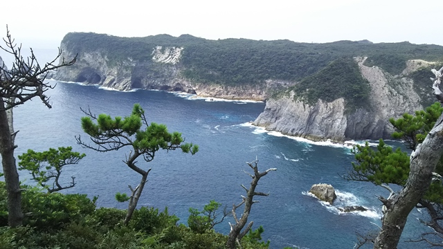 式根島の遊歩道から見た島の外周部。上陸できなそうな崖で囲まれていて絶景